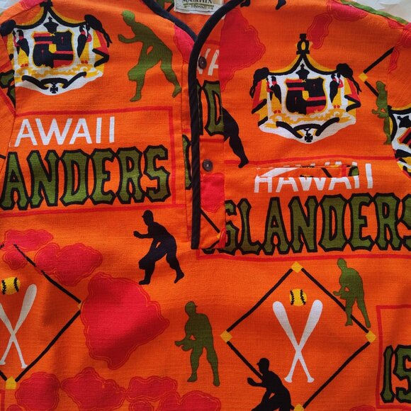 Vintage Malihini Orange Barkcloth Men's Hawaii Islanders Baseball Shirt Small - Picture 2 of 5